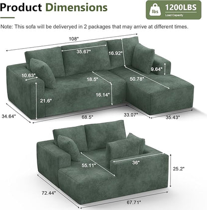 108” Cloud Sectional Couch, Modular Sectional Sofa with Deep Seat, Corduroy Boneless Couches with Chaise for Living Room Bedroom, No Assembly Required