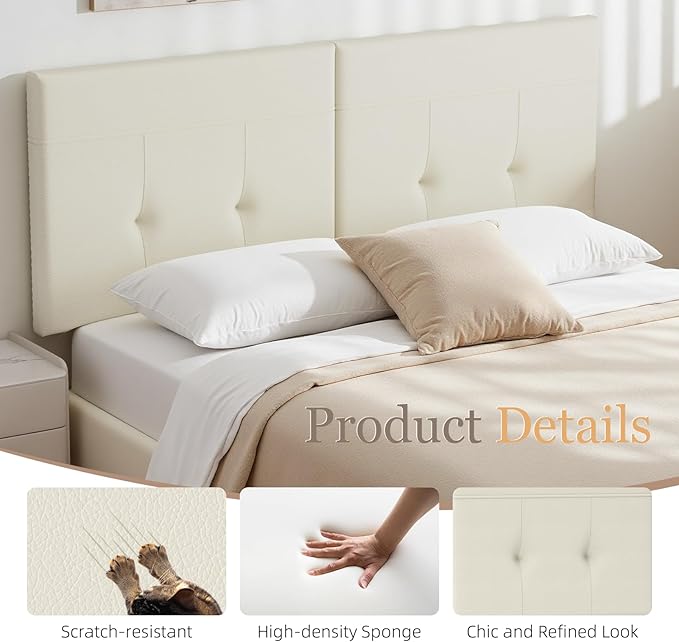 Headboard Queen Size Upholstered Faux Leather, Queen Headboard with Sturdy Metal Legs, Tufted Upholstery Design Headboards with Adjustable Width & Height (Ivory)