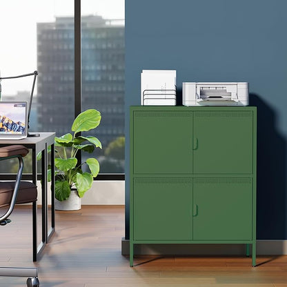 Green Metal Locker Cabinet with 4 Doors, Metal Accent Cabinets Home Office Storage Lockers Sideboard for Kitchen Living Room Hallway Entryway