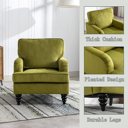 Velvet Upholstered Accent Chairs Set of 2 Modern Single Sofa Chair with Thick Removable Back Cushion and Black Printed Legs Armchair for Living Room/Bedroom/Reading, Olive Green