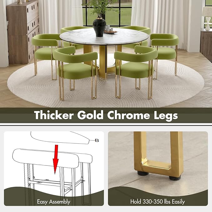 Green and Gold Modern Dining Chairs Set of 4, Velvet Upholstered Barrel Armchairs with Metal Legs for Kitchen Island, Mid Century Accent Chairs for Dining Room Living Room, Open-Back