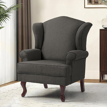 Accent Chair, High Back Upholstered Armchair with High Resilience Sponge & Wood Legs, Mid-Century Modern Comfy Single Sofa Reading Chairs for Living Room, Bedroom (Dark Grey, Set of 1)