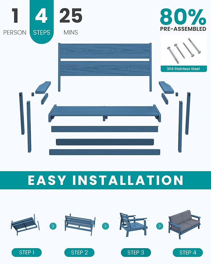 SERWALL Outdoor Loveseat, Blue Frame and Grey Cushion
