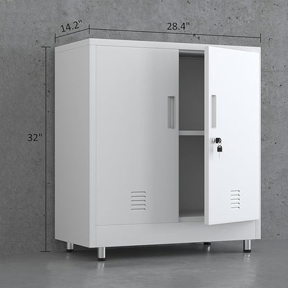Metal Storage Cabinet with Locking Doors and Adjustable Shelf, Small Lockable Sideboard Buffet Cabinet for Home Office Hallway Entryway Living Dining Room (White)