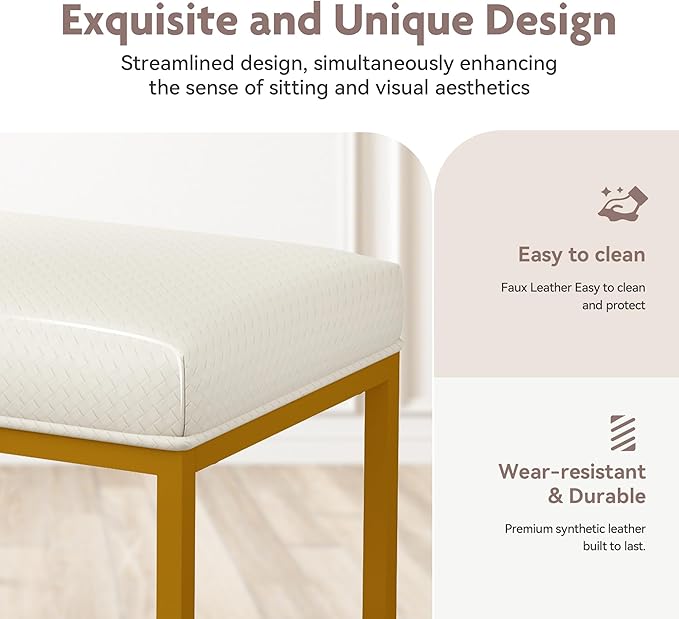ALPHA HOME 24 Inch Counter Height Bar Stools Set of 3, Upholstered Bar Stools for Kitchen Island, Counter Stools with Faux Leather Cushion and Sturdy Metal Frame, Modern Barstools, White and Gold