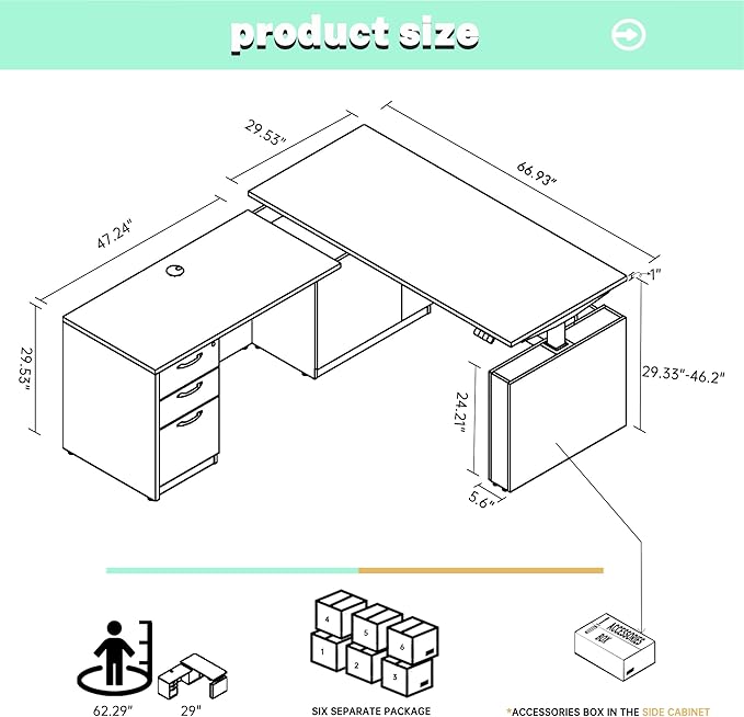 66.93'' Height Adjustable L-Shaped Executive Desk with Drawers and Shelves (Espresso)