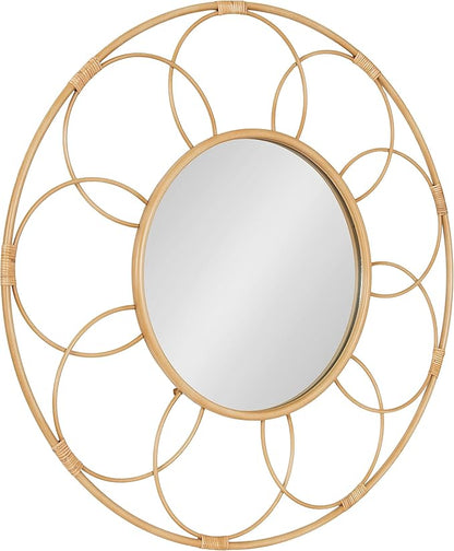 Kate and Laurel Cori Boho Round Mirror; 34 Inch Diameter; Natural; Light Decorative Metal Mirror with Rattan Accenting for Coastal Home Wall Decor
