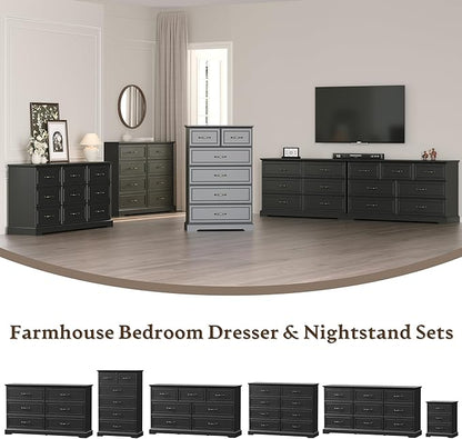 Farmhouse 7 Drawers Dresser for Bedroom, 57" Wide Modern Chest of Drawers with Deep Drawers & Bar Handles, Rustic Wood Dresser TV Stand, Wooden Closet Storage Organizer for Living Room, Hallway, Black