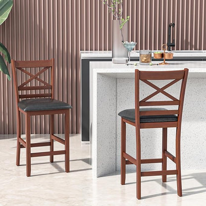 COSTWAY Barstools Set of 2, 25” Counter Height Mid Century Modern Island Chairs with Back, Soft Cushion & Faux Leather Seat, Wooden Armless Kitchen Stools for Home, Cafe Shop, Restaurant, Pub