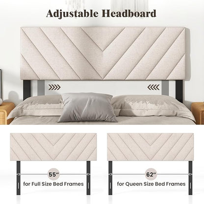 Giantex Linen Upholstered Headboard, Adjustable Width Button Tufted Headboard Only with Solid Wood Legs, Attach Frame, Rectangular Headboard for Queen Full Size Bed, Beige