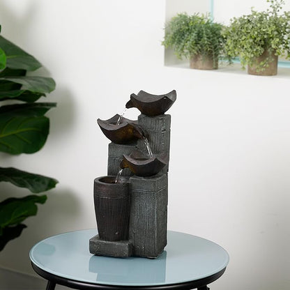 Alpine Corporation TZL414 14" 4 Tier Squared Bowls Fountain with LED Lights, Elegant Tabletop Water Feature for Home, Office, Living Room, Bedroom & Desk Decor, Gray