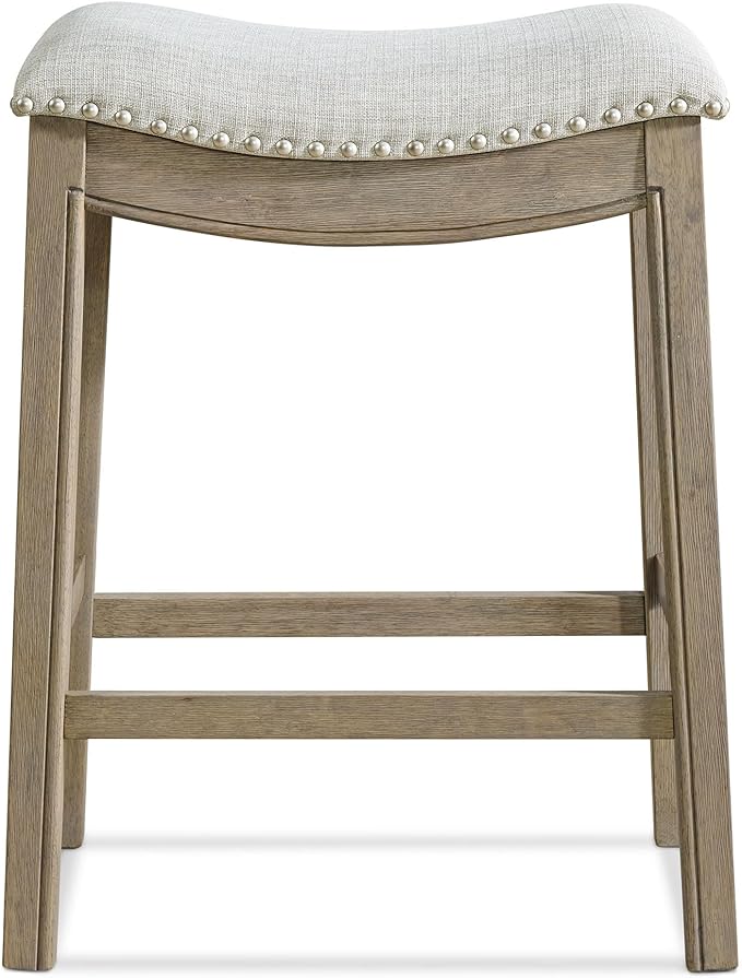 ROME + OAK Set of 2 Parker 26" Counter Stool, Backless Saddle Kitchen Barstool in Reclaimed Oak Finish with Ash Grey Fabric Upholstery Cushion Seat