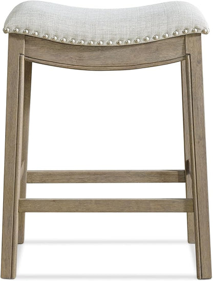 ROME + OAK Set of 2 Parker 26" Counter Stool, Backless Saddle Kitchen Barstool in Reclaimed Oak Finish with Ash Grey Fabric Upholstery Cushion Seat