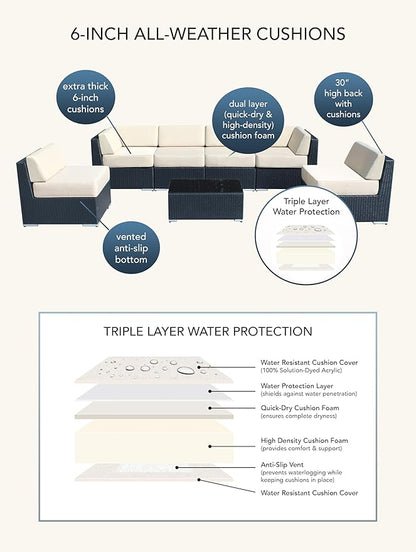Outdoor Patio Wicker Furniture 7-PC Sectional with 6 inch All Weather Rainshield Cushions (Black Wicker, Gray Cushions)
