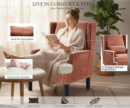 Accent Chair for Living Room Chairs Upholstered Oversized Reading Chair Armchair Accent Chairs for Living Room Chair with High Back and Wood Legs, Arm Chair Comfy Chair for Bedroom(Orange red)