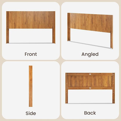 COCO DESIGN Queen Size Headboard Only, 64.3" Wide Wooden Headboard, Mid Century Modern Farmhouse Boho HeadBoard, Fluted Panel, Wingback Design, Wall Mount, Natural
