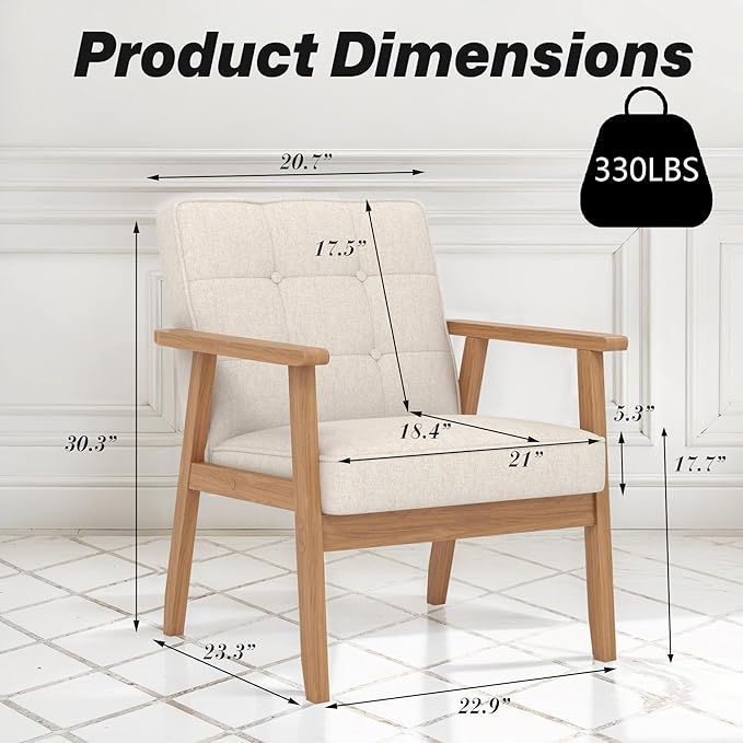 Modern Accent Chairs Set of 2, Upholstered Linen Fabric Leisure Chairs with Backrest Button and Wooden Frame for Living Room Bedroom Reading (Beige)