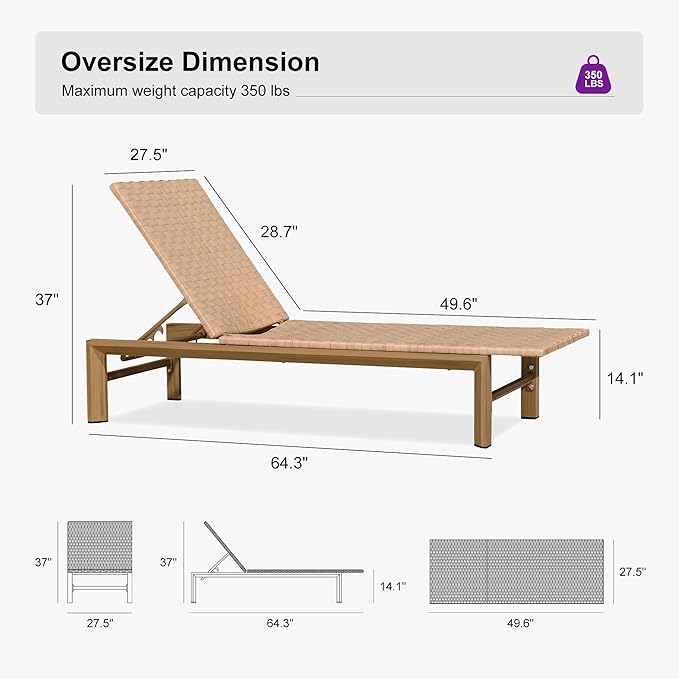 PURPLE LEAF Patio Oversized Chaise Lounge Rattan Chair Set of 2 Outdoor Pool Adjustable Recliner Wicker Chairs for Outside Woven Furniture Tanning Poolside Lounger Sand Brown