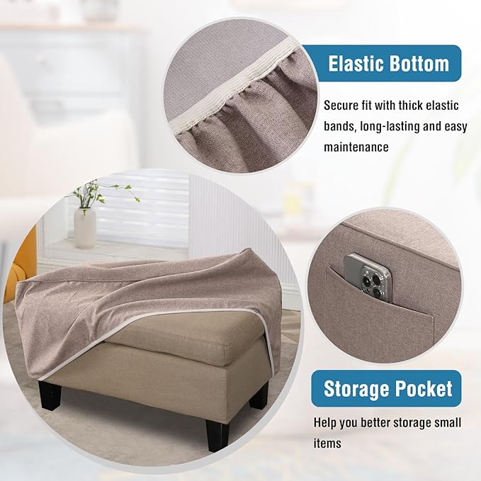 H.VERSAILTEX Ottoman Covers Slipcover Rectangle Fit Length 43"-44" Footrest Thick Linen Look 1 Piece Folding Storage Covers Ottoman Slipcovers Removable Footrest Covers Elastic Bottom - Heather Taupe