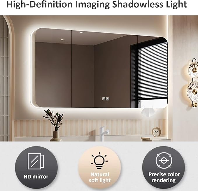 44IN Bathroom Vanity - Bathroom Vanity with Sink with Intelligent Induction Light | Wall-Mounted Bathroom Vanity with Intelligent LED Mirror Cabinet & 6 Drawers, Cream Color