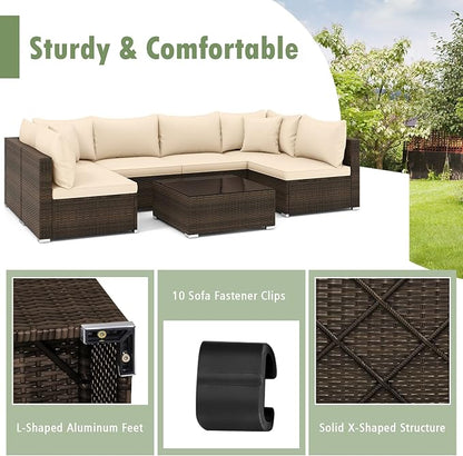 Tangkula 7 Pieces Patio Rattan Furniture Set, Patiojoy Outdoor Conversation Set with Cushions and Tempered Glass Coffee Table, All-Weather Sectional Sofa Set for Garden, Lawn, Backyard
