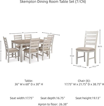 Signature Design by Ashley Skempton Cottage Dining 7 Piece Set – Rectangular Table & 6 Upholstered Chairs | Coastal Chic Meets Farmhouse, Whitewash