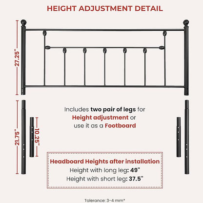 Victorian Metal Headboards, Adjustable Height Iron Frame, Rustic Farmhouse Style, Elegant and Durable Design, Easy Assembly, Universal Fit for Kids & Adults, King Size, Black Finish