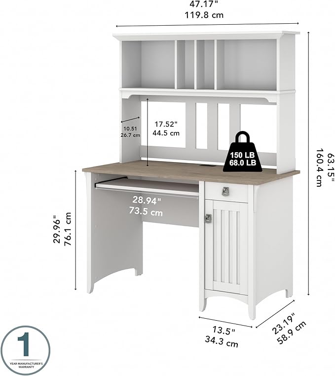 Bush Furniture Salinas Computer Desk with Hutch | Study Table with Drawers, Cabinets & Pullout Keyboard/Laptop Tray | Modern Home Office Desk in Pure White and Shiplap Gray | Work Desk with Storage