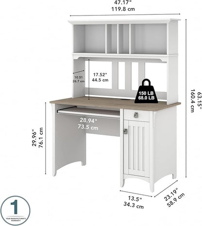 Bush Furniture Salinas Computer Desk with Hutch | Study Table with Drawers, Cabinets & Pullout Keyboard/Laptop Tray | Modern Home Office Desk in Pure White and Shiplap Gray | Work Desk with Storage