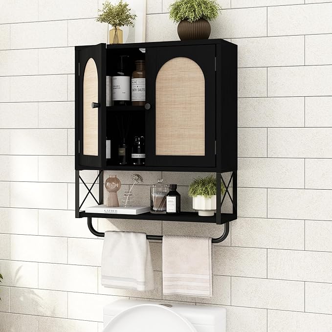 RUSTOWN Rattan Bathroom Wall Cabinet, Boho Over The Toilet Storage Cabinet with Arched Rattan Doors, Modern Medicine Cabinet with Adjustable Shelves & Towel Bar (Black, Medium)