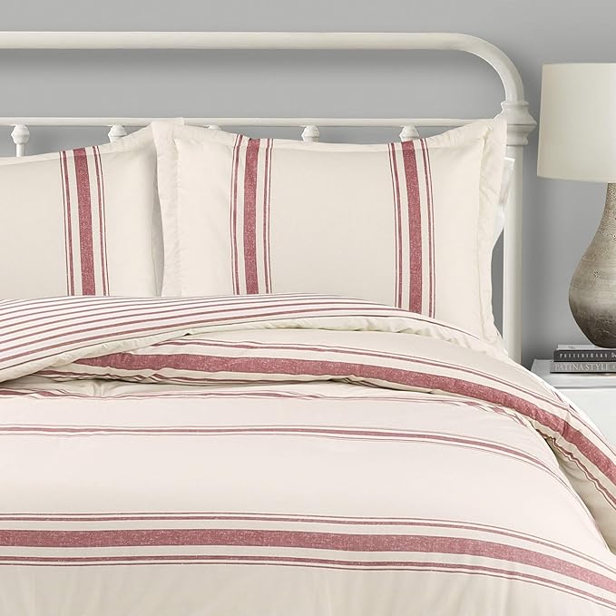 Lush Decor Farmhouse Stripe Reversible Cotton Comforter Set, 3 Piece Set, Full/ Queen, Red - Cozy F𝚊rmhouse Bedding Set - Rustic Decor - Striped Comforter - Modern Farmho𝚞se Bedroom Decor