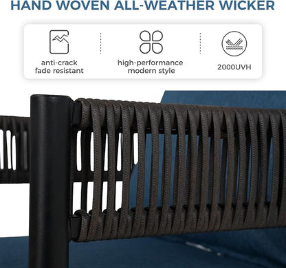 Grand patio Outdoor Dining Set, 7-Piece Patio Table and Chairs Set, Metal Woven Wicker Fixed Patio Chairs with Thickened Cushions & 1 Rectangular Woodgrain Dining Table with Umbrella Hole (Brown)