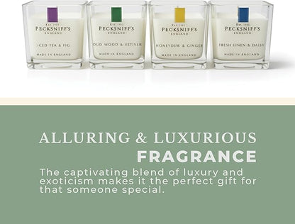 Pecksniff’s Candle Gift Set – Premium Single Wick Candles in Metal Caddy, Handcrafted in England, 4 Scents, 70g Each (Set of 4) – Iced Tea & Fig, Oudwood Vetiver, Honeydew Ginger, Fresh Linen Daisy