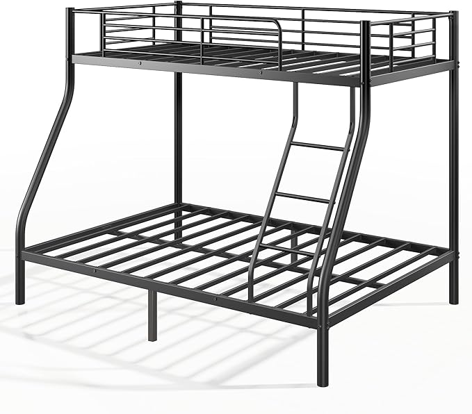 Twin Over Full Bunk Bed for Adults with Stairs, Metal Bunk Beds Twin Over Full Size for Teens Dorm Bedroom Guest Room,Heavy Duty Bunk Beds with Ladder and Guardrail, No Box Spring Needed,Black