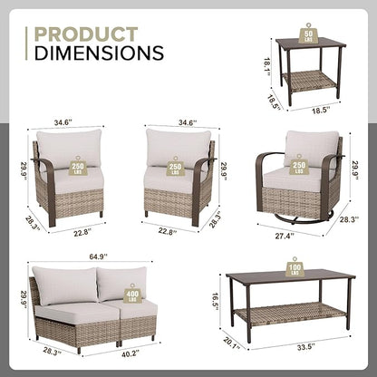 COOS BAY Aurora Terrace Half-Moon Outdoor Furniture Set, Rattan Conversation Set with Swivel Rockers, Curved 4-Seat Sofa, Coffee Table & Side Table, Seats 6, Beige/Beige