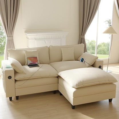 Cloud Couch, Modular Sectional Sofa with Ottoman, Charging Station, Throw Pillows, Cup Holders, Modern Convertible L Shaped Couches for Living Room, Bedroom (White, 80.7"- L Shape)