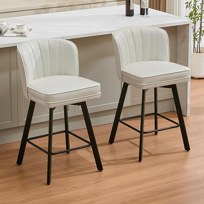 Swivel Counter Height Bar Stools Set of 2, 26'' Modern Barstools with Backs and Metal Legs, Upholstered Bar Chairs, Faux Leather White Stools for Kitchen Island Chairs