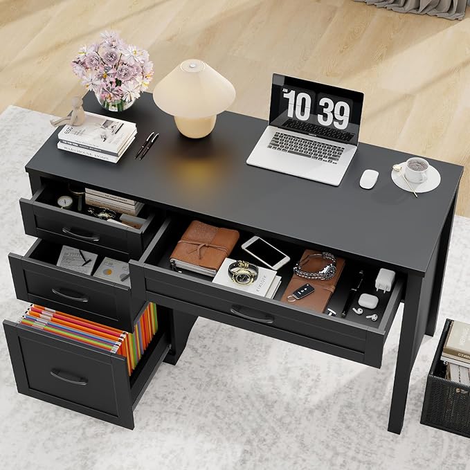 Vabches Farmhouse 47" Executive Desk with File Drawer, Wood Computer Desk with 3 Storage Drawers, Workstation for Home Office, Study, Writing(Black)
