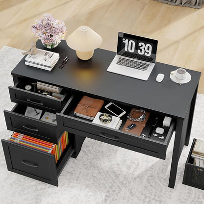 Vabches Farmhouse 47" Executive Desk with File Drawer, Wood Computer Desk with 3 Storage Drawers, Workstation for Home Office, Study, Writing(Black)