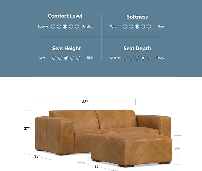 SIMPLIHOME Rex Modular Sofa and Ottoman Set in Full-Grain Genuine Leather, Sienna, 88-inch-Wide 2-Seater Leather Couch and Matching 34-inch-Wide Table Ottoman for Living Room