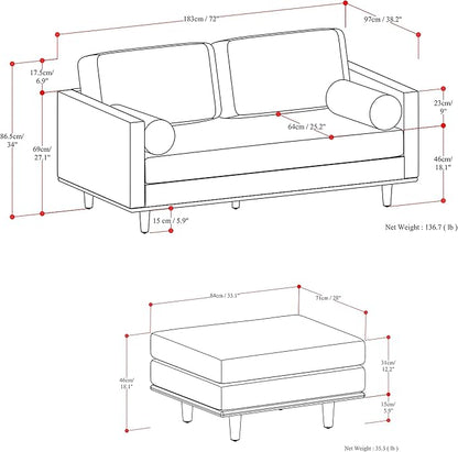 SIMPLIHOME Morrison Mid-Century Modern 72 inch Wide Sofa with Ottoman Set in Sienna Genuine Leather for the Living Room and Family Room