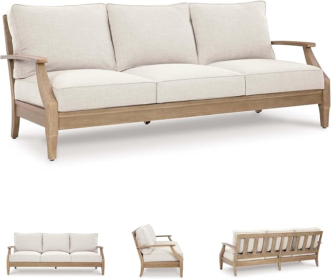 Signature Design by Ashley Carter Hall Outdoor Eucalyptus Wood Patio Sofa – Cushioned with UV-Resistant Nuvella Fabric, 5-Step Protective Finish, Beige
