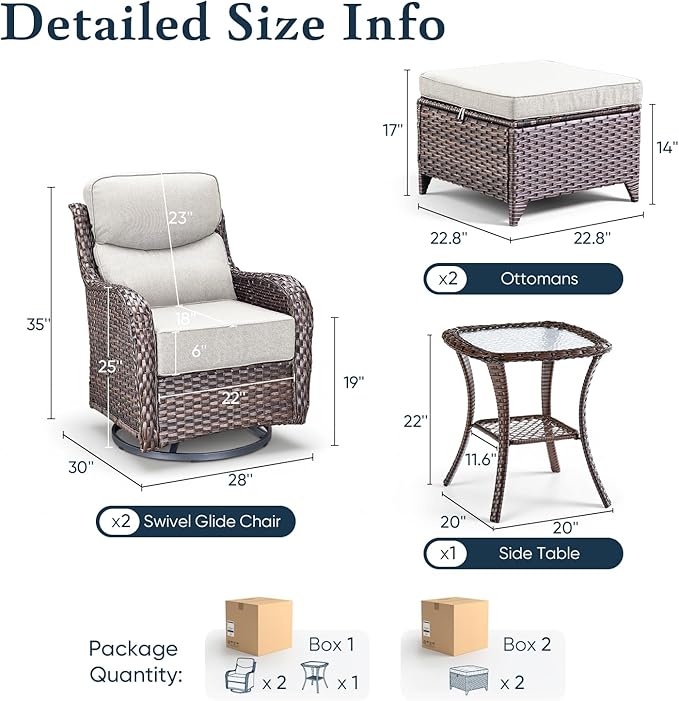 Belord Luxury 6" Thick Cushioned 5 Pieces Patio Furniture Set with 2 Ottomans, Wicker Outdoor Conversation Set with High Back Swivel Rocker Patio Chairs for Deck Porch Yard and Poolside - Brown+Beige