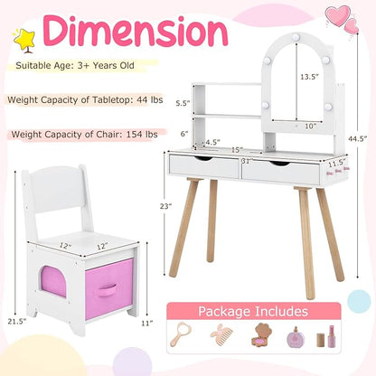 Costzon Kids Vanity with Lights, Girls Vanity Set with Mirror Cabinet, Storage Drawers, Hooks & Shelves, Toddler Makeup Vanity Desk Dressing Table, Wooden Kids Vanity Table and Chair Set (White)