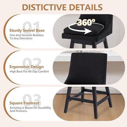 Bar Stools Set of 2, 26 Inch Upholstered Barstools with 14.2" High Back and Footrest, Swivel Counter Height Barstools for Kitchen Island Home Bar Performance Fabric Black