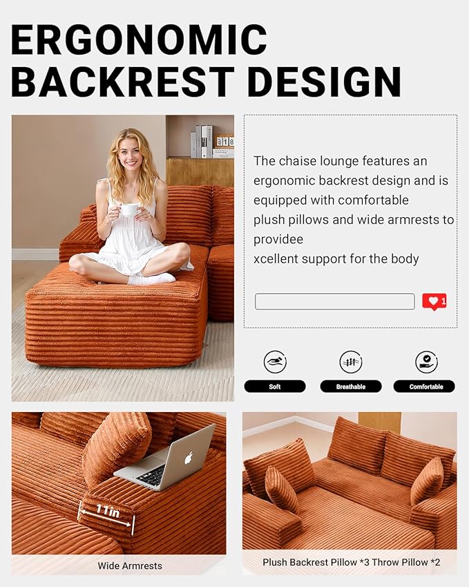 108" Cloud Sectional Couch,Modern Modular Sectional Sofa with Deep Seat,Corduroy Boneless Couches with L-Shape Chaise for Living Room,No Assembly Required (Orange, Left Facing Chaise)