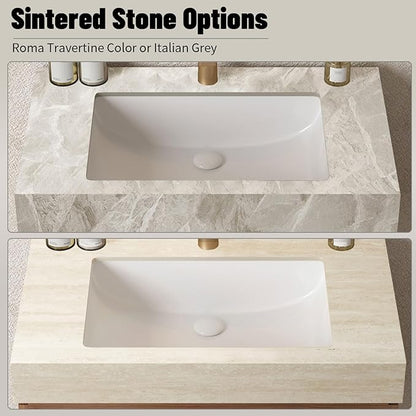48 Inch Floating Bathroom Vanity with Sink, Wall-Mounted Bathroom Vanity with Drawer and 2 Doors, Roma Travertine-Pattern Countertop and Ceramic Basin, Pre-Assembled, Espresso Woodgrain Color