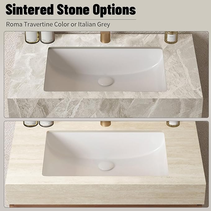 Bathroom Vanity with Sink 30 Inch, Floating Bathroom Vanity Sink Cabinet with Drawer and Door, Undermount Sink & Travertine-Pattern Sintered Stone Top, Pre-Assembled, Espresso