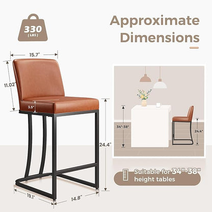 MAISON ARTS Counter Height Bar Stools with Back Set of 4 for Kitchen Counter, 24 Inch Modern Upholstered Faux Leather Barstools Farmhouse Bar Chairs Luxury Island Stools Support 330LBS, Brown