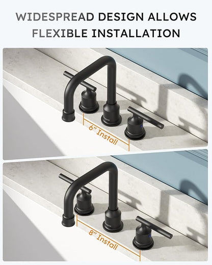 WOWOW Two Handles Widespread 8 inch Bathroom Faucet Black 3 Pieces Basin Faucets 360 Degree Swivel Spout Lavatory Sink Faucet